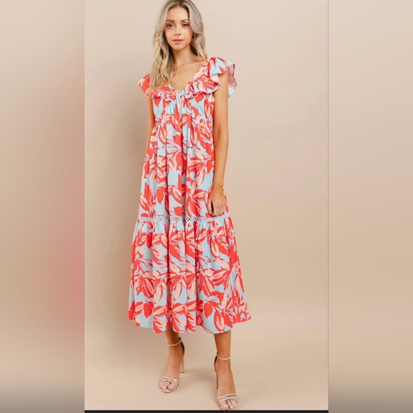 TCEC Dresses & Skirts - TCEC Coral and Light Blue Floral Midi Dress